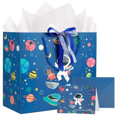Imagem de Conjunto de bolsa de presente grande de animação de astronauta de 35 cm com cartão comemorativo, 2 papéis de seda e fita para comemorar aniversário, Natal, chá de bebê, festa infantil e feriados