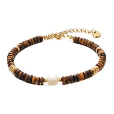 Imagem de vissen Pulseira feminina de pedra natural banhada a ouro aço inoxidável cultivada com pérolas de água doce joia presente, Small, Aço inoxidável, Sem Pedra Preciosa