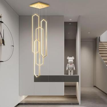 Imagem de Lustre LED moderno dourado, luminária pendente grande de alumínio para tetos altos, com controle remoto, 6 lâmpadas, ideal para escadas, hall de entrada, sala de estar e hall de entrada de c
