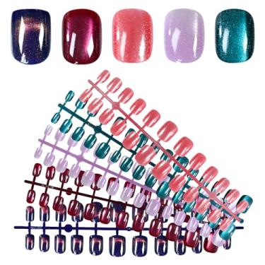 Imagem de 120 peças de gel olho de gato unhas postiças quadradas curtas mistas cores vermelho azul verde kit de decoração de unhas cosmético para arte de unhas faça você mesmo, inclui 5 conjuntos de unhas, 5