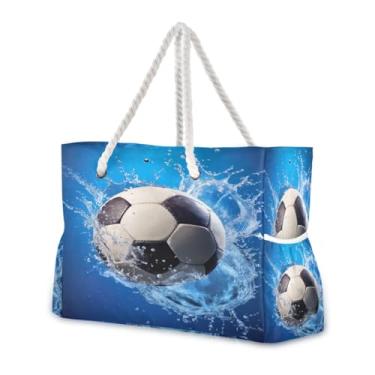 Imagem de Wassud Bolsa de praia com bola de futebol em respingos de água, bolsas de praia grandes para mulheres, à prova d'água, à prova de areia, bolsa de viagem com zíper e bolso para piscina, academia