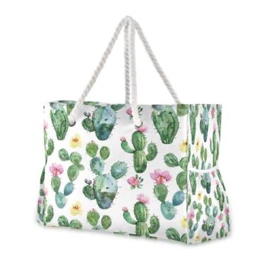 Imagem de Wassud Bolsa de praia fofa de cacto grande, bolsa de praia para mulheres, impermeável, à prova de areia, bolsa de viagem com zíper e bolso para piscina, academia, acampamento