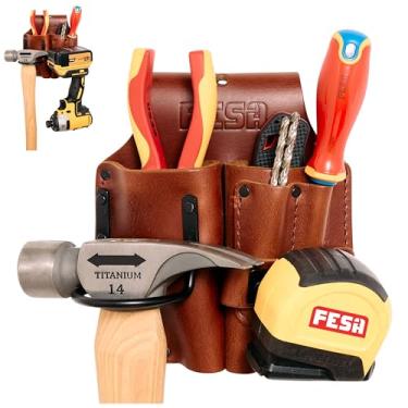 Imagem de FESA Coldre de alicate de couro durável - Suporte duplo de couro de flor integral pesado para cinto com suporte de martelo de aço, clipe de fita e 2 bolsos para lápis de carpinteiro - Clipe em