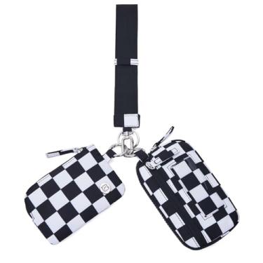 Imagem de POIUGOYA Carteira de pulso de nylon, porta-chaves com bolsa dupla, carteira pequena RFID com bolsa de moedas, janela de identificação para viagens, Xadrez preto + branco