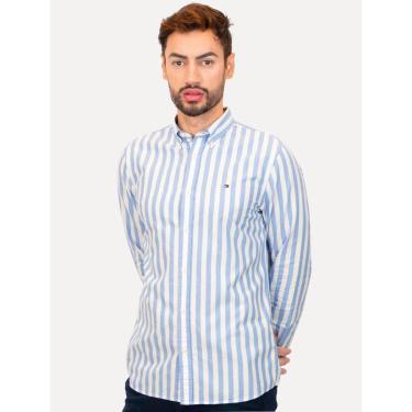 Imagem de Camisa Tommy Hilfiger Masculina Oxford Slim Bold Stripe Azul Médio-Masculino