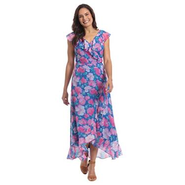 Imagem de London Times Vestido longo feminino de chiffon com babados e babados para convidadas de casamento, Peri/Rosa, 42