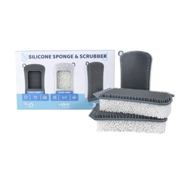 Imagem de Esponja e esfregão de silicone – Lavagem de louça 2 em 1 sem arranhões para pratos, panelas e frigideiras, esponja de cozinha reutilizável com cerdas macias e espuma (design de dupla face) (cinza