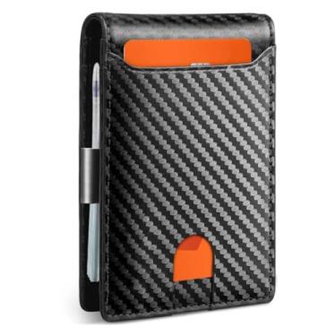 Imagem de kkmilamila Carteira masculina fina de fibra de carbono – Carteira flip de couro minimalista, porta-cartões ultrafina e dobrável, elegante e durável para uso diário