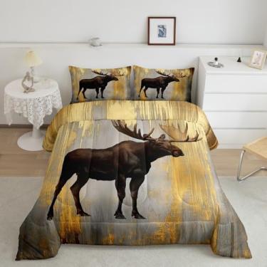 Imagem de Erosebridal Jogo de cama solteiro rústico com alce, floresta, vida selvagem, casa de fazenda, veado, pintura dourada, vintage, decoração de quarto, 1 fronha