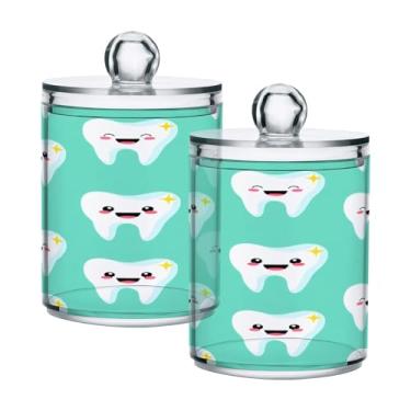 Imagem de Qilmy Happy Teeth Suporte Qtip pacote com 2, frascos de boticário de 400 ml, vasilha organizadora de banheiro para Qtips, cotonetes, bolas de algodão, almofadas cosméticas, irrigadores dentais, sais