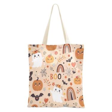Imagem de JUZIHAI Sacola de lona de Halloween, bolsa temática reutilizável de abóbora Halloween Boo com bolso interno, bolsa de viagem de grande capacidade para festa de compras