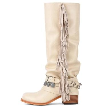 Imagem de KISTANIA Botas femininas de equitação na altura do joelho com franjas e tiras de fivela, salto grosso, bico quadrado, dobrável, Bege, 38