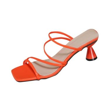 Imagem de Moda Feminina Casual Versátil Alça Fina Bico Aberto Salto Alto Primavera Verão Respirável Cabeça Quadrada, Laranja, 34