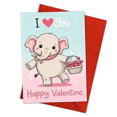 Imagem de Cartão de Feliz Dia dos Namorados de Elefante Fofo "I Love You" com Cesta de Coração, Adorável Cartão de Dia dos Namorados Rosa Pastel e Azul Animal para Namorado Namorada Crianças Casais 20 x 13 cm
