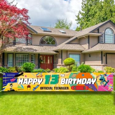 Imagem de Faixa de skate offcial adolescente - 2,8 x 4,5 m, faixa de skate feliz aniversário de 13 anos, suprimentos de festa de 13 anos para decoração de quintal ao ar livre.
