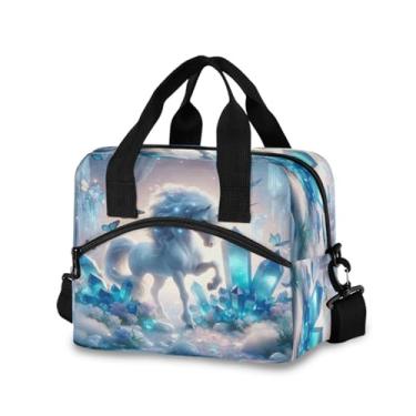 Imagem de Joisal Unicórnio com Cristais Azuis Isolada Lancheira Feminina Grande Lancheira com Alça de Ombro Removível