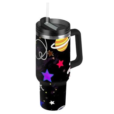 Imagem de Joisal Cute Astronauts Space Black Tumblers com tampa e canudo aço inoxidável isolado garrafas de água copo com alça 850.5 g garrafa de água térmica cabe no copo do carro