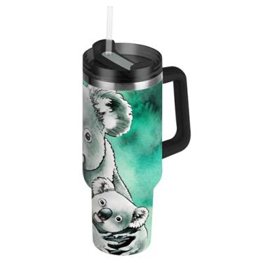 Imagem de Copo para família de urso coala aquarela com tampa e canudos à prova de derramamento 1,134 g copo com alça garrafas de água isoladas garrafa de água de aço inoxidável para copo de carro