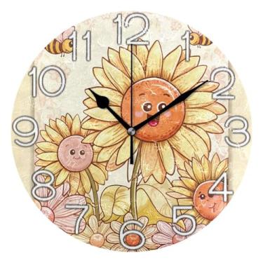 Imagem de GAIGEO Relógio de parede analógico decorativo escritório cozinha relógio divertido alimentado por bateria, decoração moderna de meados do século, girassóis florais, 25 cm, ponteiros pretos