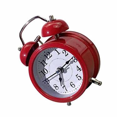 Imagem de Despertador duplo mecânico, relógio de cabeceira silencioso com luz de fundo, visor claro, adequado para quarto, dormitório, escritório (vermelho)