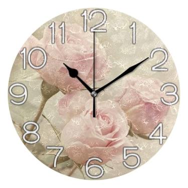 Imagem de GAIGEO Relógio de parede analógico decorativo vintage rosa rosa floral quarto cozinha relógio divertido alimentado por bateria, sala de estar decoração de parede moderna, 25 cm, ponteiros pretos