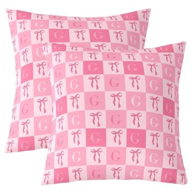 Imagem de jejeloiu Lindas capas de almofada com laço rosa conjunto de 2 fronhas decorativas com letra G kawaii, laço, xadrez, capas para sofá, sofá-cama, monograma, capa de almofada quadriculada, decoração de