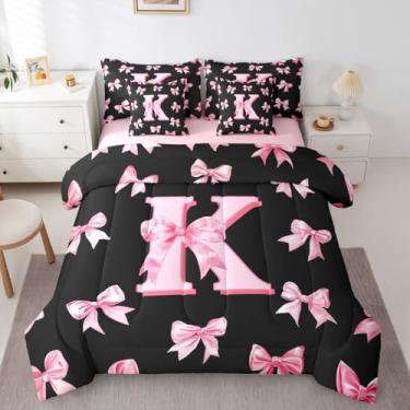 Imagem de Erosebridal Conjunto de cama Queen, com laço rosa, 7 peças, personalizado, letra K, cama em uma bolsa, fofo, com laço e laço para meninas, crianças, adolescentes, estilo princesa, rosa, monograma