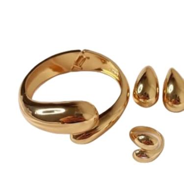 Imagem de CONJUNTO GOTA PINGO COM BRACELETE AJUSTÁVEL, ANEL REGULÁVEL E BRINCOS MÉDIOS DOURADOS ACESSÓRIOS FEMININOS BRINCOS PULSEIRA JÓIAS ELEGANTES BIJUTERIAS CHIQUES