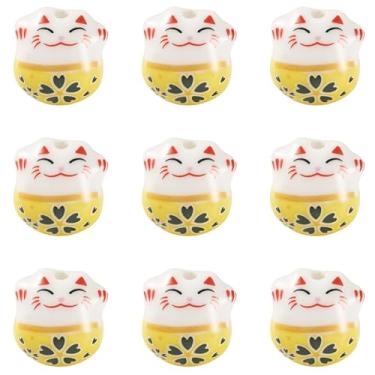Imagem de 9 peças de contas de porcelana de gato da sorte lindas contas de cerâmica Maneki Neko para fazer joias faça você mesmo, colar, pulseira, chaveiros, artesanato, amarelo