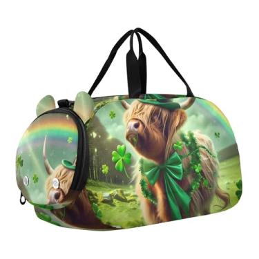 Imagem de Bolsa de viagem para o dia de São Patrício com gnomos e gnomos, bolsa de viagem para o fim de semana, bolsa esportiva para meninos e crianças, Dia de São Patrício Highland Cow Green, Clássico