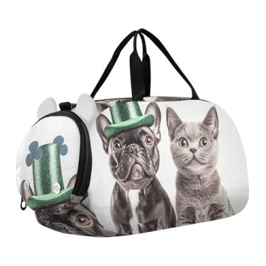 Imagem de St. Patrick's Pug Dog Art Bolsas de viagem para meninas, bolsa de viagem para o fim de semana com compartimento de sapatos, bolsa esportiva para meninos, Cachorro preto e gato, Clássico