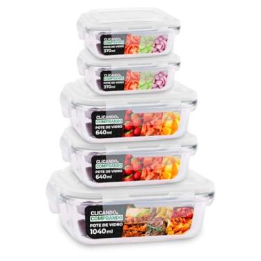 Imagem de Kit 5 Potes de Vidro Hermético Geladeira Marmita Tampa 370ml/640ml/1040ml