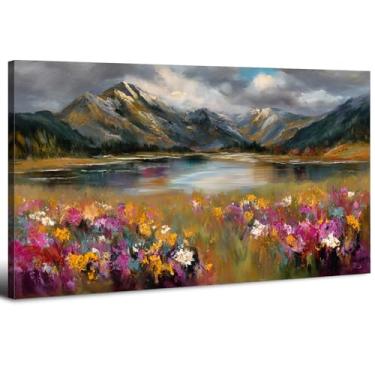 Imagem de Arte de parede floral colorida abstrata montanha lago paisagem impressão textura pôster flores silvestres decoração de parede grande arte para sala de estar quarto decoração de casa 50,8 x 101,6 cm