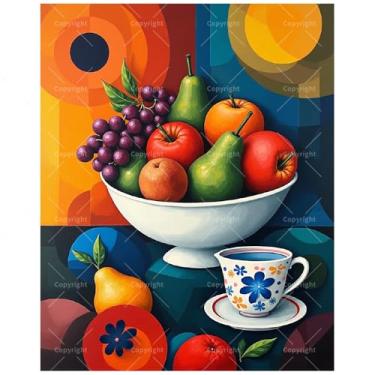 Imagem de Kit de pintura de natureza morta por números para adultos – Pintura de tigela de frutas e copos DIY em tela, conjunto de tinta acrílica, adequado para iniciantes, arte de cozinha para decoração de