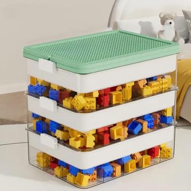 Imagem de Caixa de armazenamento de tijolos de 3 camadas para Lego, organizador empilhável PP + ABS 36 cm × 24 cm × 12,2 cm com tampas, verde