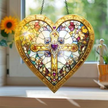 Imagem de Apanhador solar de acrílico colorido, apanhador de sol estilo vitral estampado cruz do amor com reflexos de arco-íris, arte de parede para decoração de janela suspensa, ornamentos de primavera para