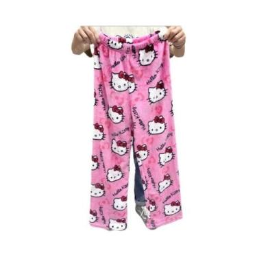 Imagem de Pijamas Femininos De Flanela Preta KT Cat Kitty, Calças Casuais De Lã 