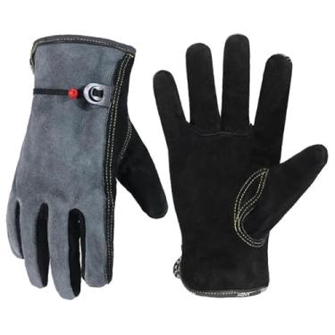 Imagem de Luvas de trabalho de couro para homens e mulheres, luva de couro de vaca resistente utilitária para jardinagem (preto-cinza, masculino GG/feminino 2GG)