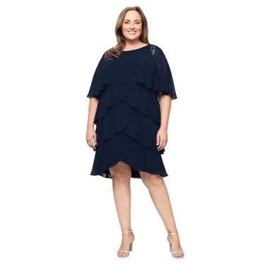 Imagem de S.L. Fashions Vestido feminino plus size em camadas chiffon coquetel com capa anexada e ombros frisados, Azul-marinho novo, 52