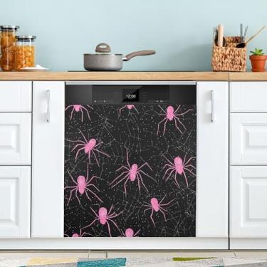 Imagem de xigua Capa magnética de teia de aranha de Halloween, adesivos magnéticos decorativos antiarranhões para painel de geladeira e lava-louças, decoração personalizada de cozinha doméstica 58 x 66 cm