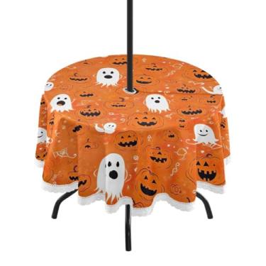 Imagem de Wassud Toalha de mesa redonda para uso ao ar livre com furo para guarda-chuva, fundo laranja, toalhas de mesa de 152 cm para aniversário, casa de fazenda, cozinha