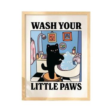 Imagem de Arte De Parede Em Lona Kawaii Com Gato Lavando as Patas Para Banheiro,