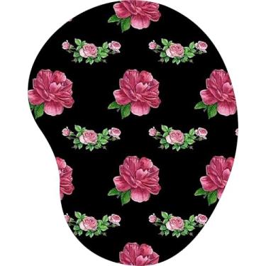 Imagem de Mouse Pad Ergonômico Gota Flores Rosas Chique Fundo Preto