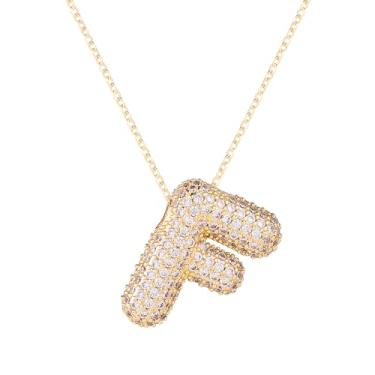 Imagem de Colar feminino, colar com alfabeto dourado, cristal, personalizado, com letras de diamante, pingente de bolha inicial, joia de zircão, presente para mulheres (F)