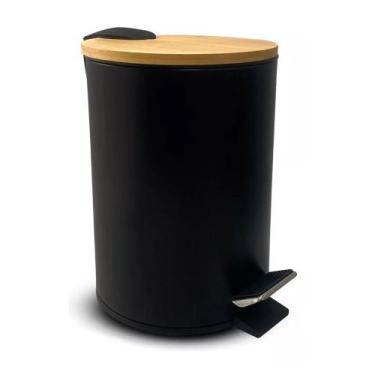 Imagem de Lixeira Com Tampa de Bamboo Circular 5 Litros Com Pedal Balde Interno 