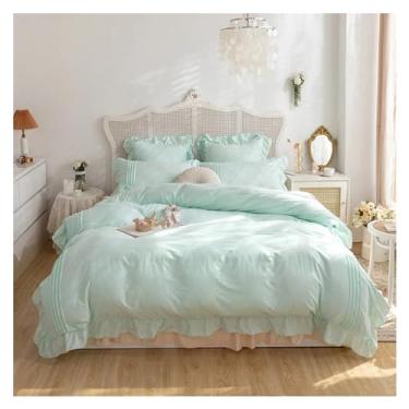 Imagem de Jogo de cama casal com babados e renda para meninos/meninas, branco e cinza, conjunto de capa de edredom queen/queen (3 casais, 4 peças)