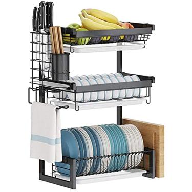 Imagem de U5GAAALPPQ9 Cesto sujo escorredor suporte de talheres tábua de drenagem bandeja de gotejamento prateleira superior pia suporte de talheres copo cozinha bancada rack de drenagem (cor: 3 camadas)