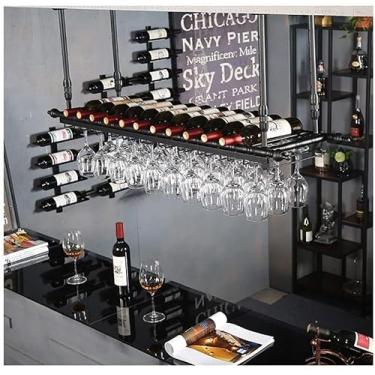 Imagem de HHHJQFAAT Rack de vinho suspenso - decoração de rack de garrafa de vinho, rack de copo de vinho, bar doméstico de cabeça para baixo, rack de cálice criativo/marrom/60 x 30 cm (preto 60 x 30 cm)