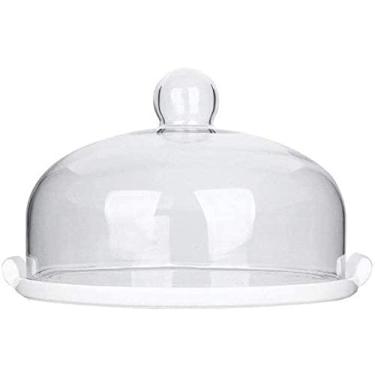 Imagem de Suporte de bolo bandeja de exibição de sobremesa forma de bolo com alças duplas, bandeja de pão de cerâmica branca clássica de vidro transparente para bolo, pastelaria, frutas (tamanho: 27,727,711 cm