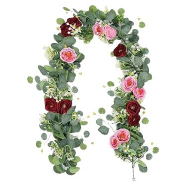 Imagem de Fenteer Arranjo de flores artificiais, lembrancinhas, guirlanda de eucalipto artificial, planta suspensa para porta, lareira, parede, decoração de festa de, Vermelho